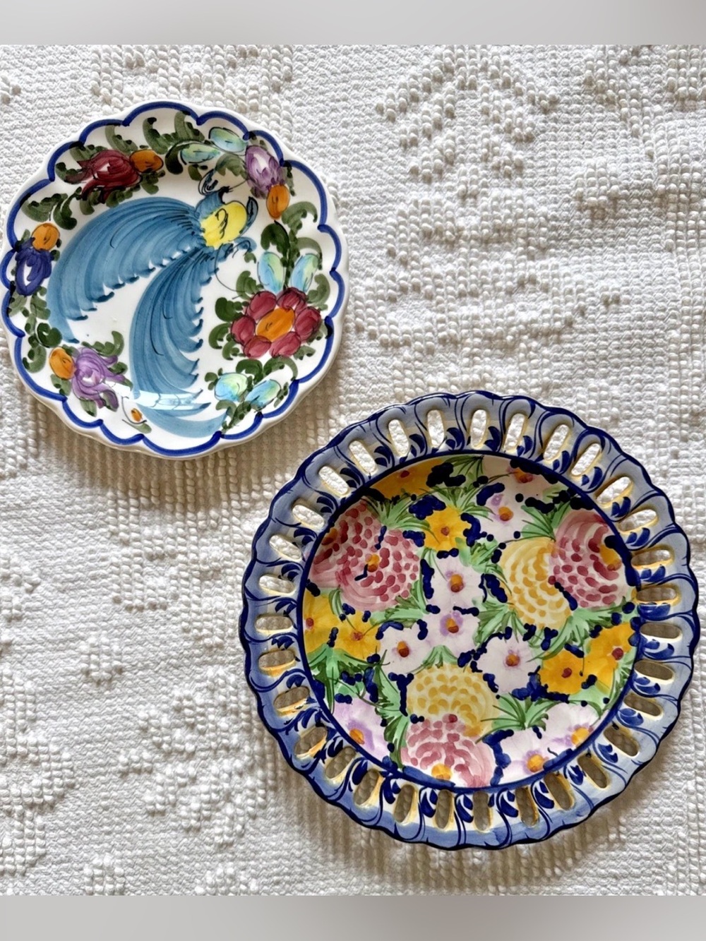Skyros Vintage Hand-Painted Floral Ceramic Plates - Blue, Yellow, Pink